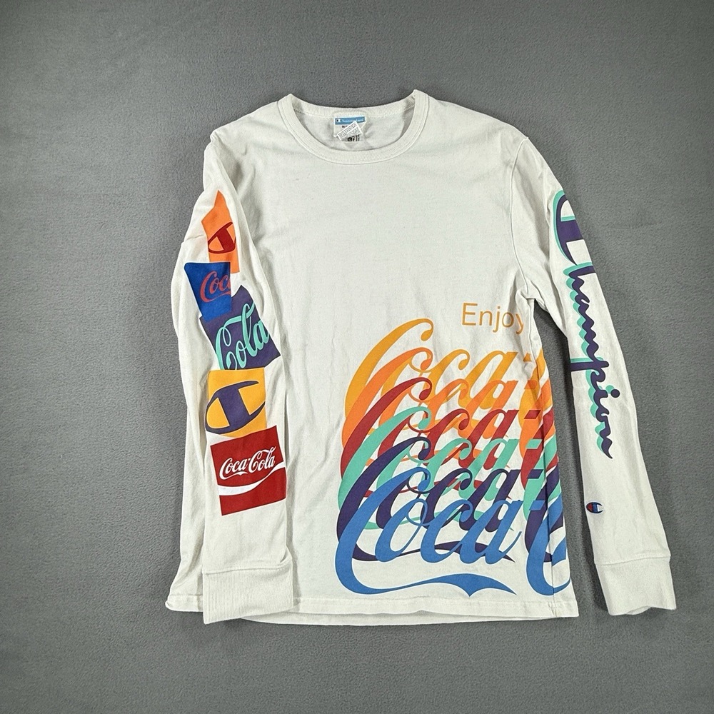 Champion x Coca Cola Long Sleeve T-Shirt Mens Medium White Colorful Graphic Logo